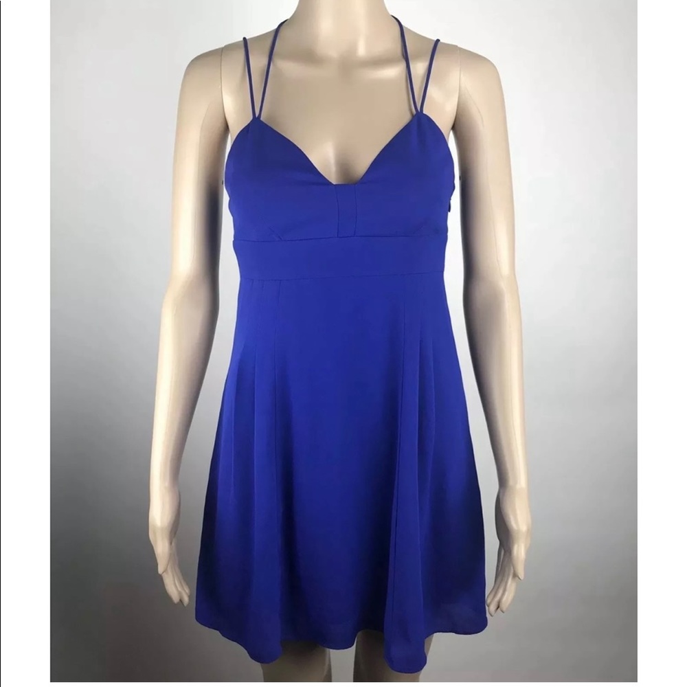 Express Strappy Royal Blue Skater Fit & Flare V Neck A Line Dress Criss Cross